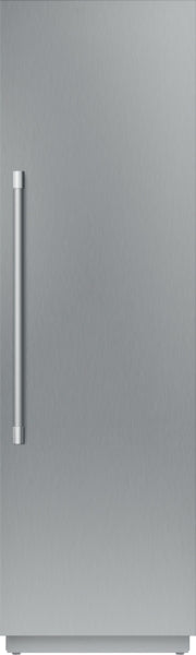 Tall built-in refrigerator column with sleek stainless steel front and minimalist vertical handle from Thermador appliances collection