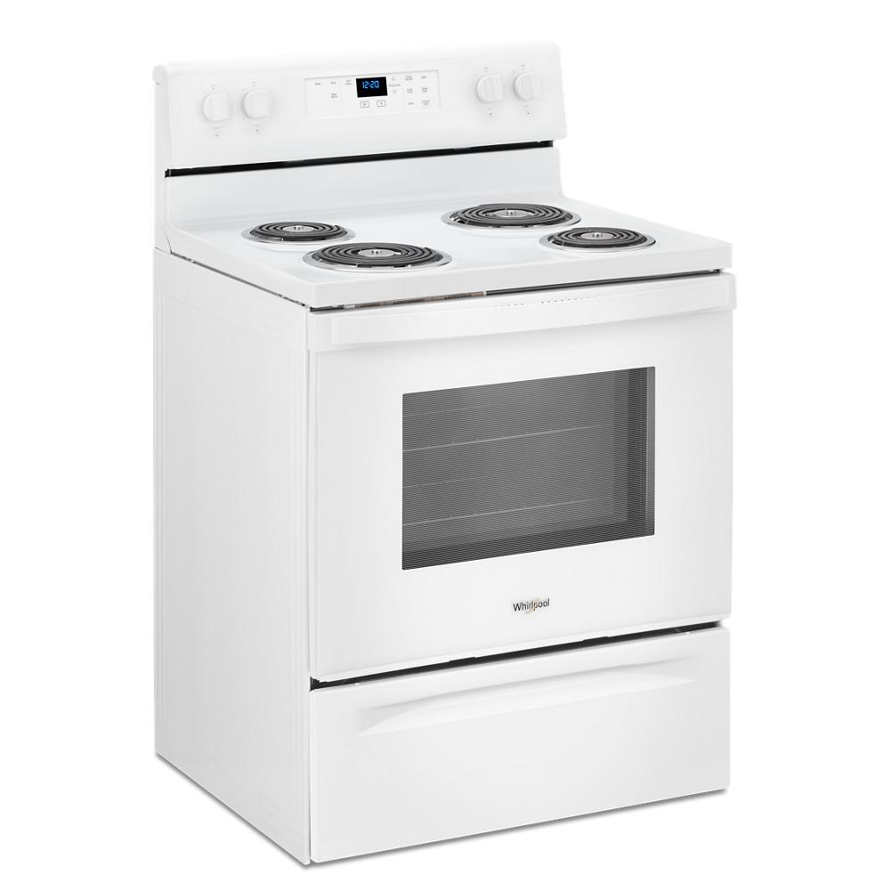 White Whirlpool electric range with coil burners, digital control, and oven window in Ranges & Cooktops at Hartville Hardware
