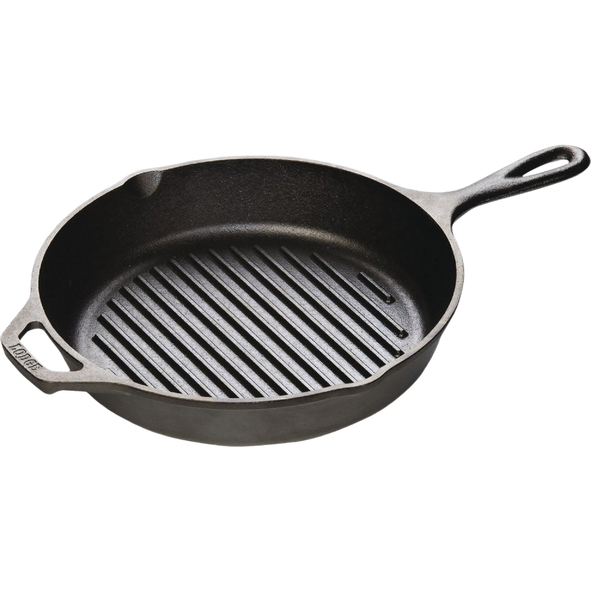 10.25-inch black cast iron grill pan with ridged cooking surface and dual handles for kitchenware and grilling tools