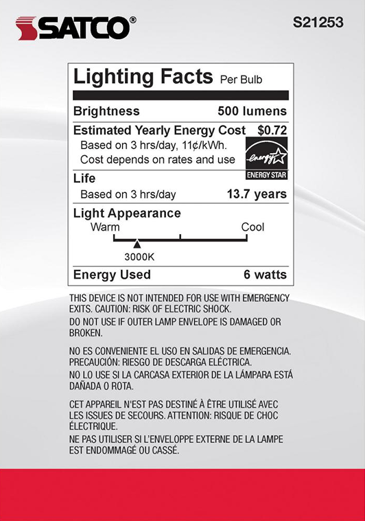 Lighting facts label for a clear LED bulb showing 500 lumens, 6 watts, 3000K warm light, and 13.7 years estimated life.
