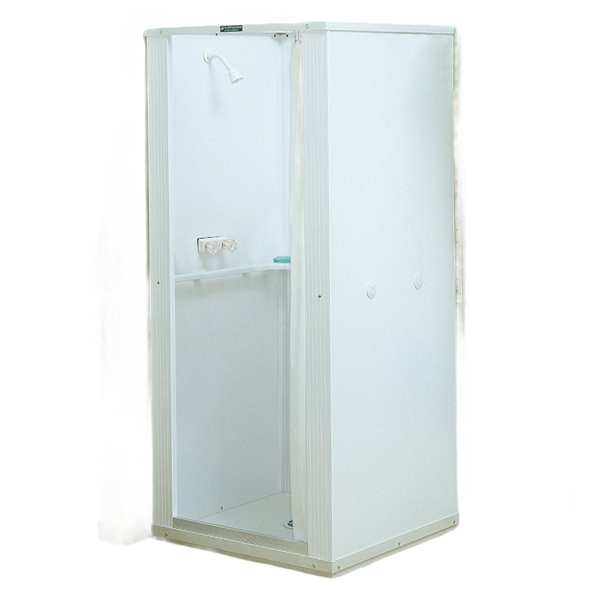 White freestanding shower stall with aluminum frame, featuring valve assembly and showerhead in bathroom collection