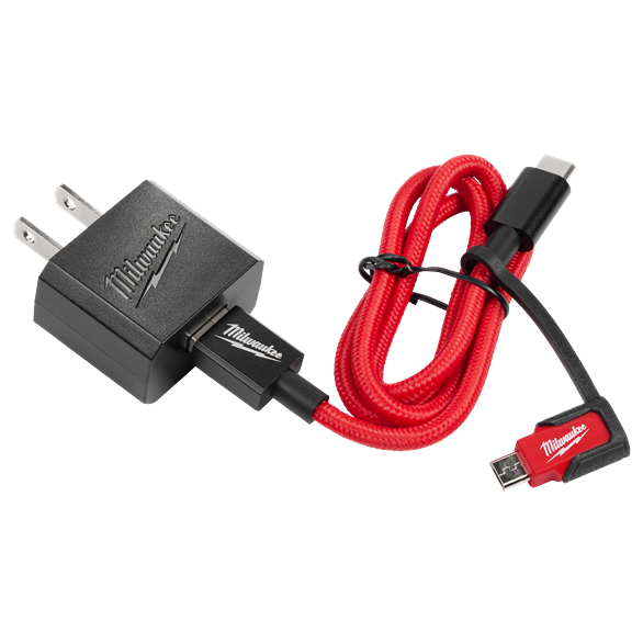 Compact USB-C and Micro USB wall charger with durable braided cable designed for tools and home improvement use