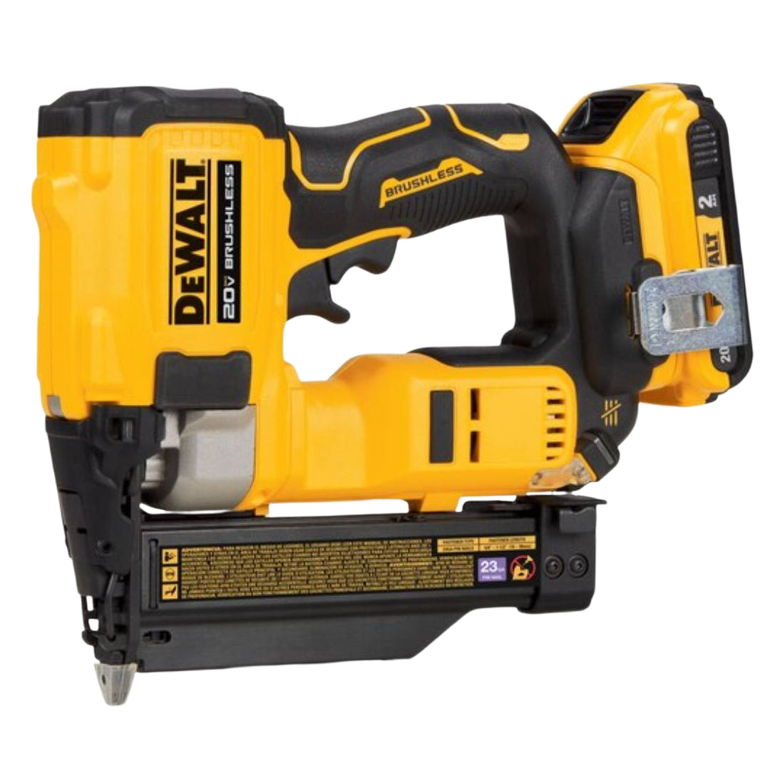 Yellow and black cordless brushless pin nailer with 20V battery designed for efficient home improvement tasks