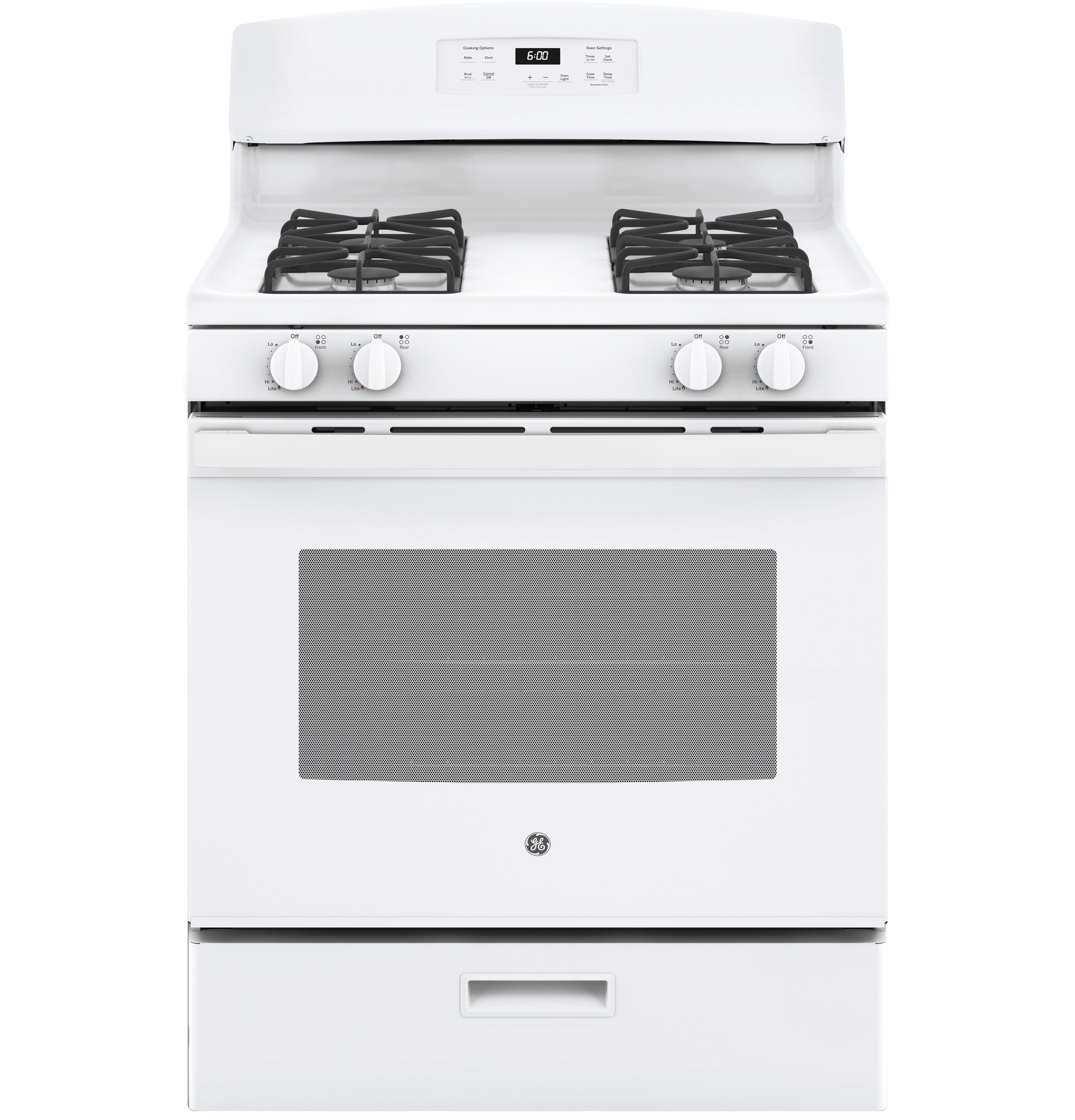 White freestanding gas range with four burners and digital control panel in kitchen appliances and ranges collection