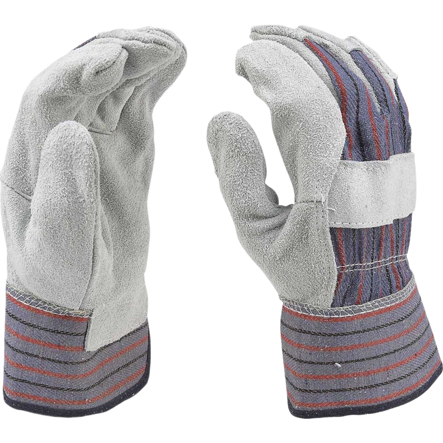 Pair of large blue and gray leather work gloves with reinforced palms and adjustable wrist straps for home improvement tasks