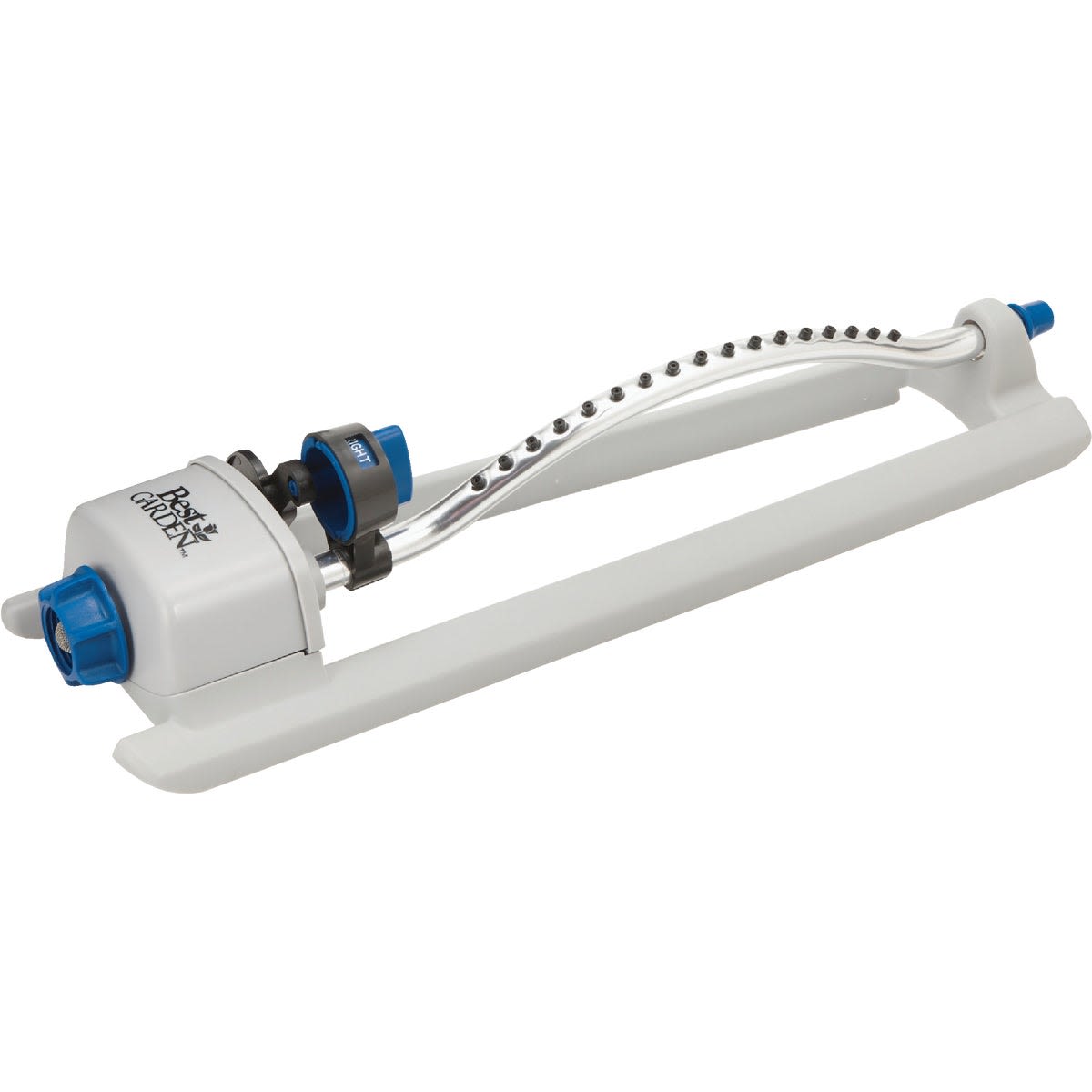 Blue and gray oscillating sprinkler with adjustable dial for large lawn watering in watering and irrigation collections under $50