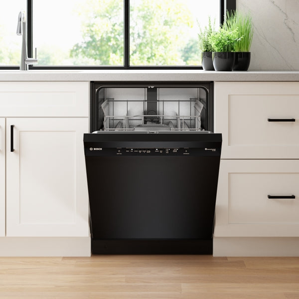 Built-in black 24-inch dishwasher with open door, integrated controls, installed in white kitchen cabinetry from Bosch Appliances collection