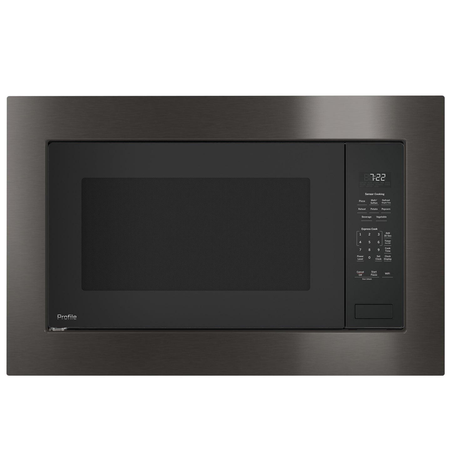 Built-in microwave oven with sensor cooking controls and digital clock in dark stainless steel finish for modern kitchens