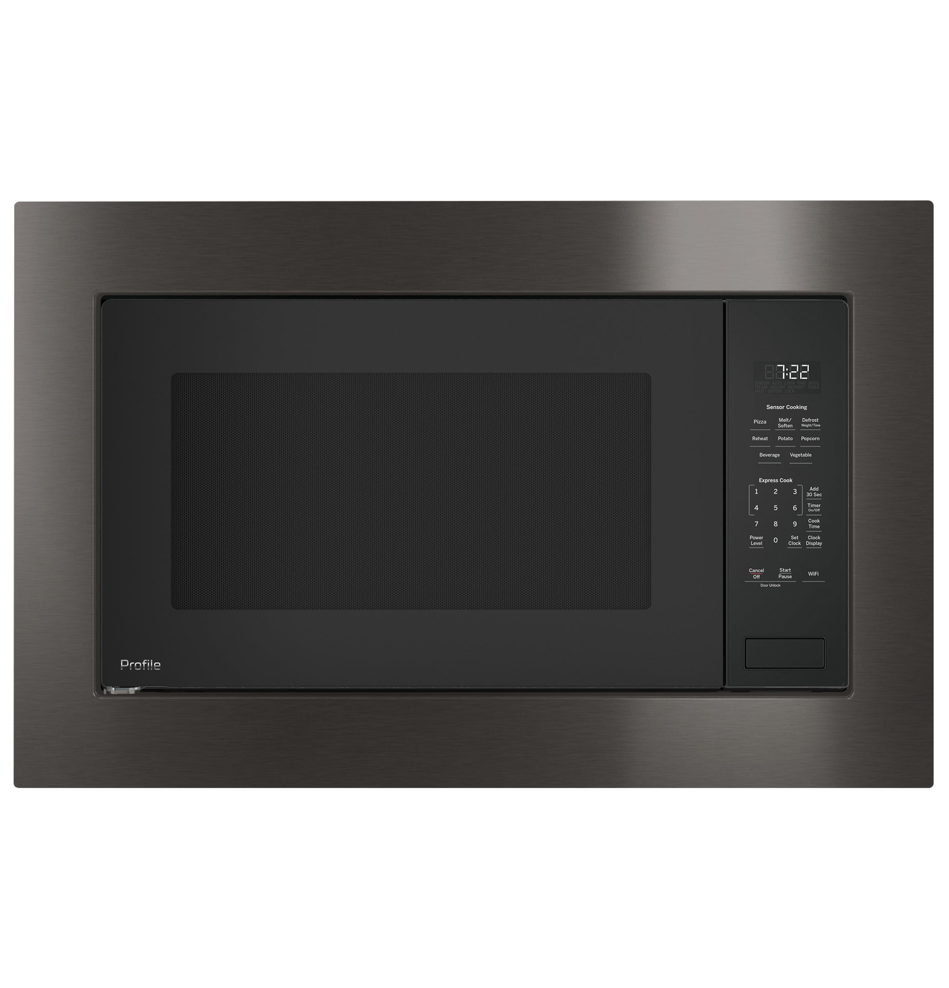 Built-in microwave oven with sensor cooking controls and digital clock in dark stainless steel finish for modern kitchens