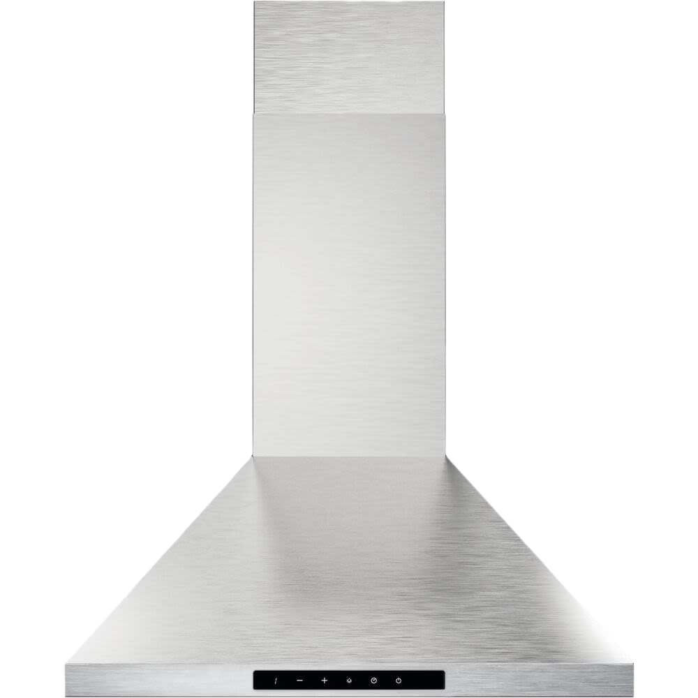 Brushed stainless steel wall-mounted chimney hood with digital touch controls from kitchen appliance collection