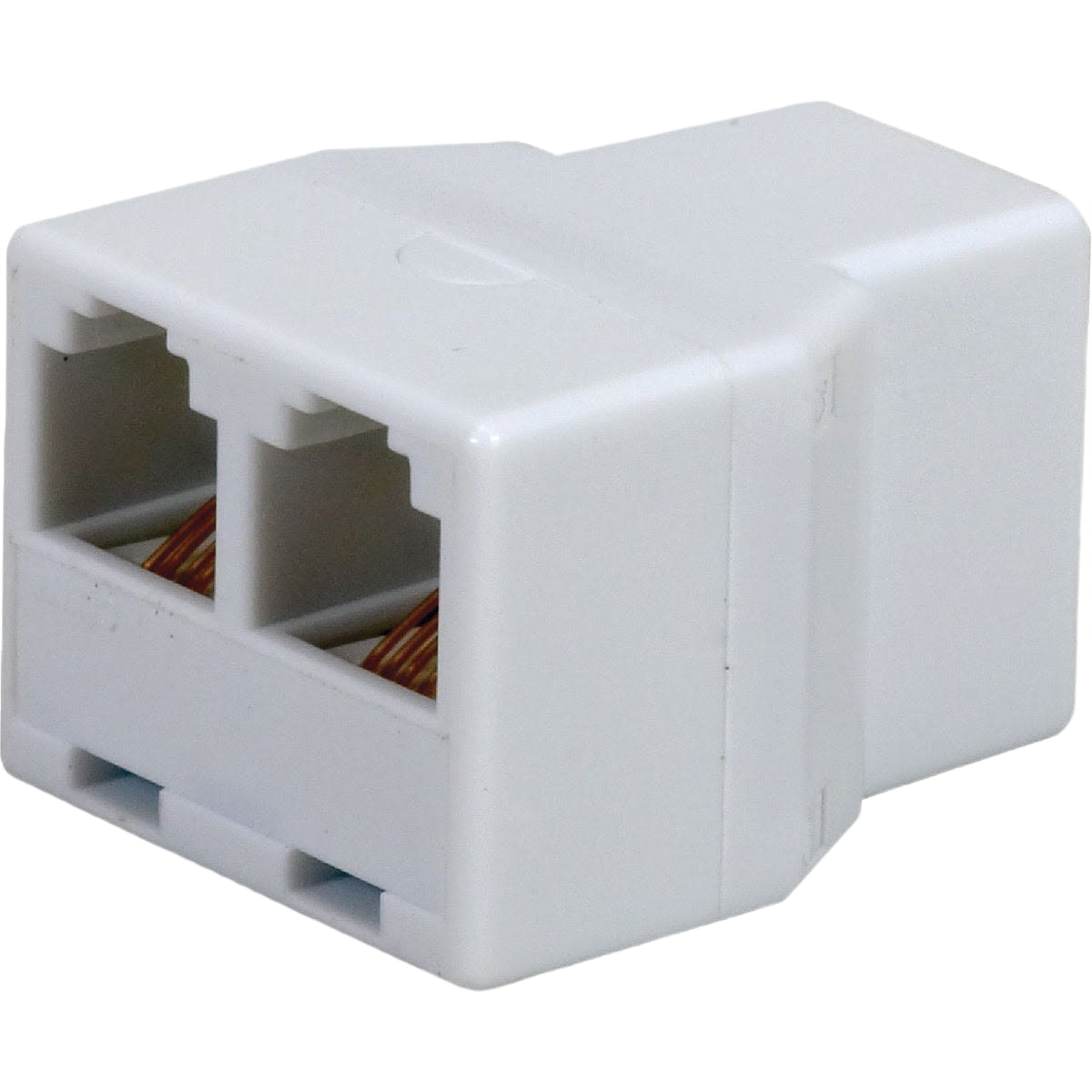 White plastic telephone splitter jack adapter with dual ports for connecting multiple phone lines in home improvement use