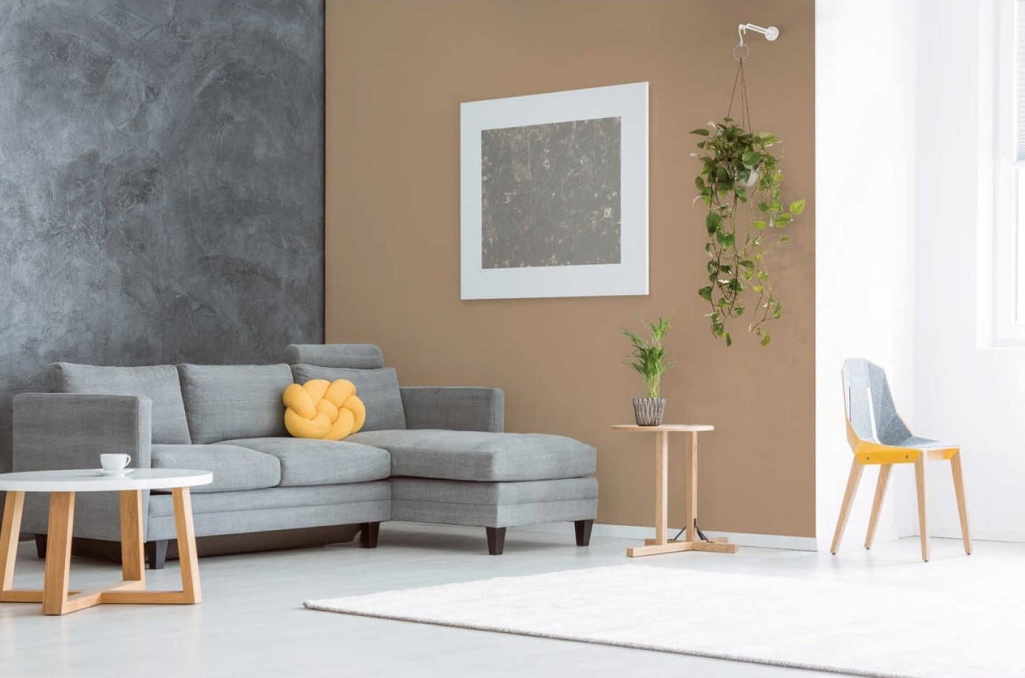 White steel wall base plant hanger holding trailing plant in modern living room with gray sofa and wooden furniture under $50 collections