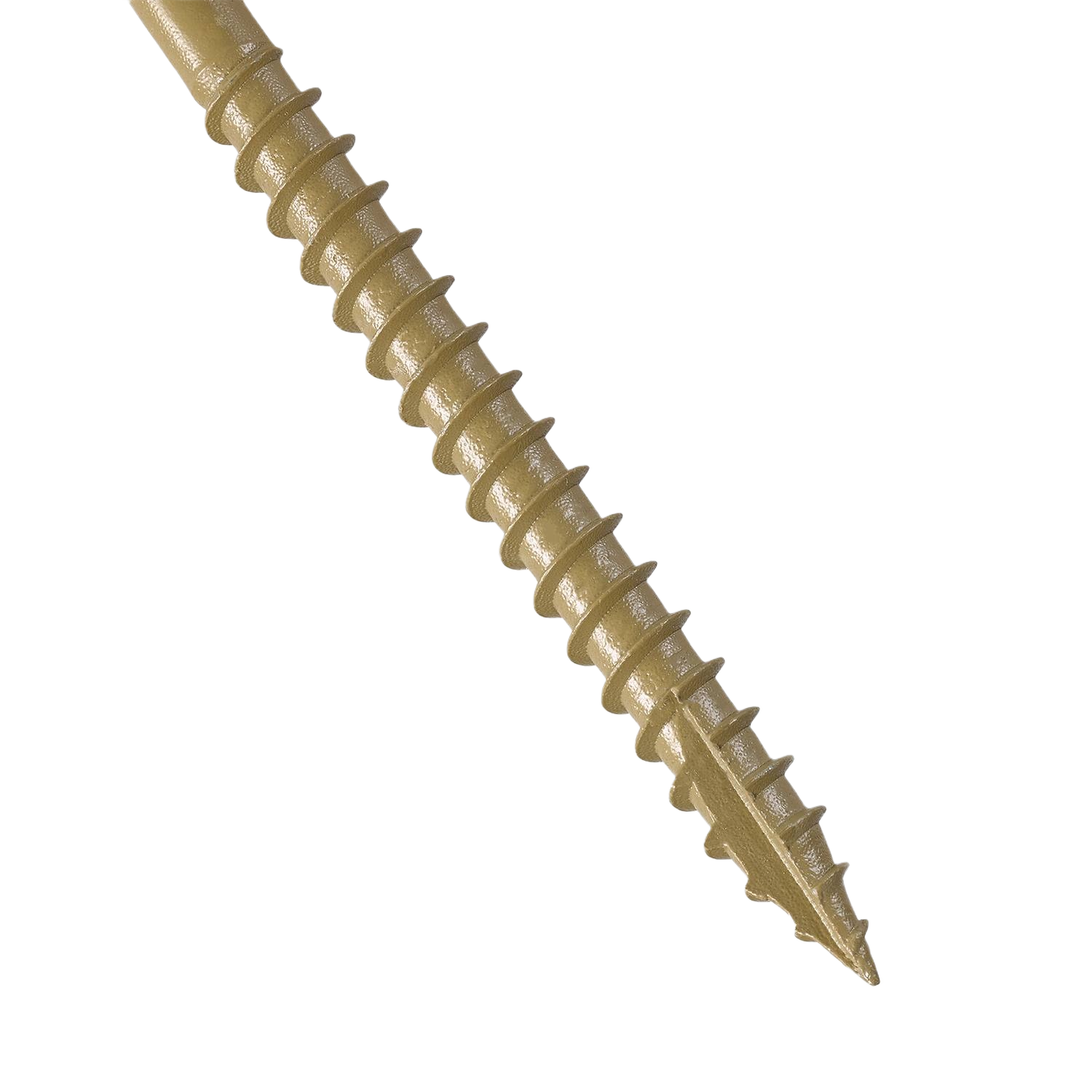 Close-up of tan exterior wood screw with TORX ttap drive for decking and lumber building materials under $50