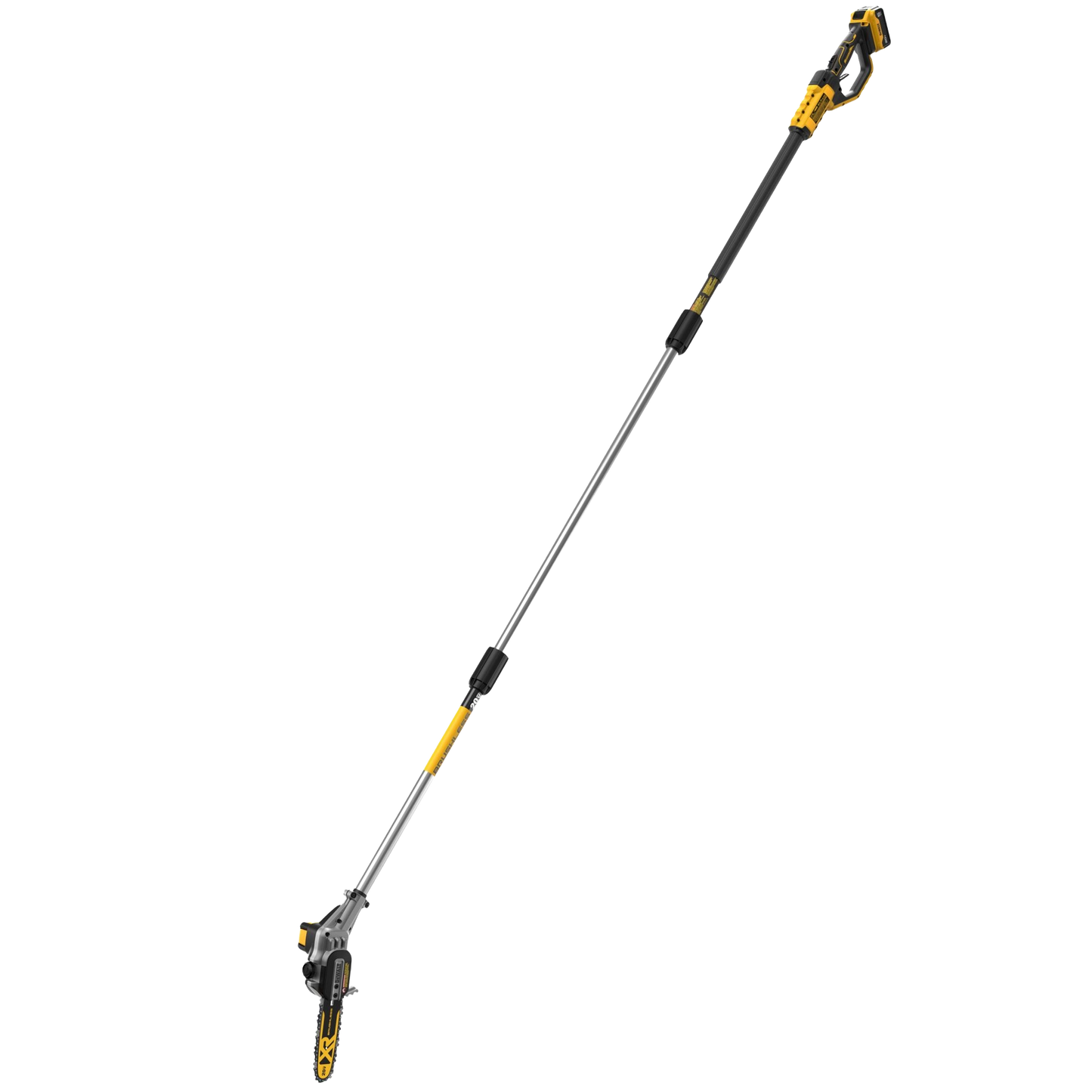 Cordless brushless pole saw with 8-inch bar and chain featuring an extendable shaft for pruning, part of Dewalt Outdoor Power tools for home improvement.