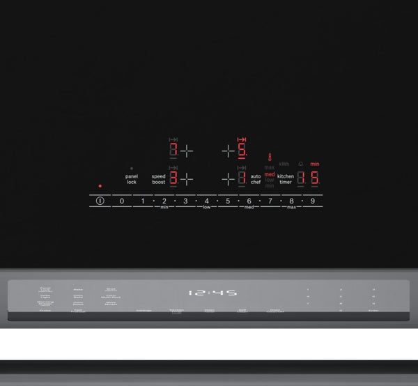 Black stainless steel induction cooktop control panel with digital timer and touch-sensitive settings