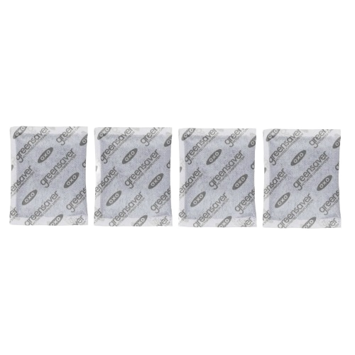 Set of five white carbon filter refills with printed branding for kitchen storage and organization use