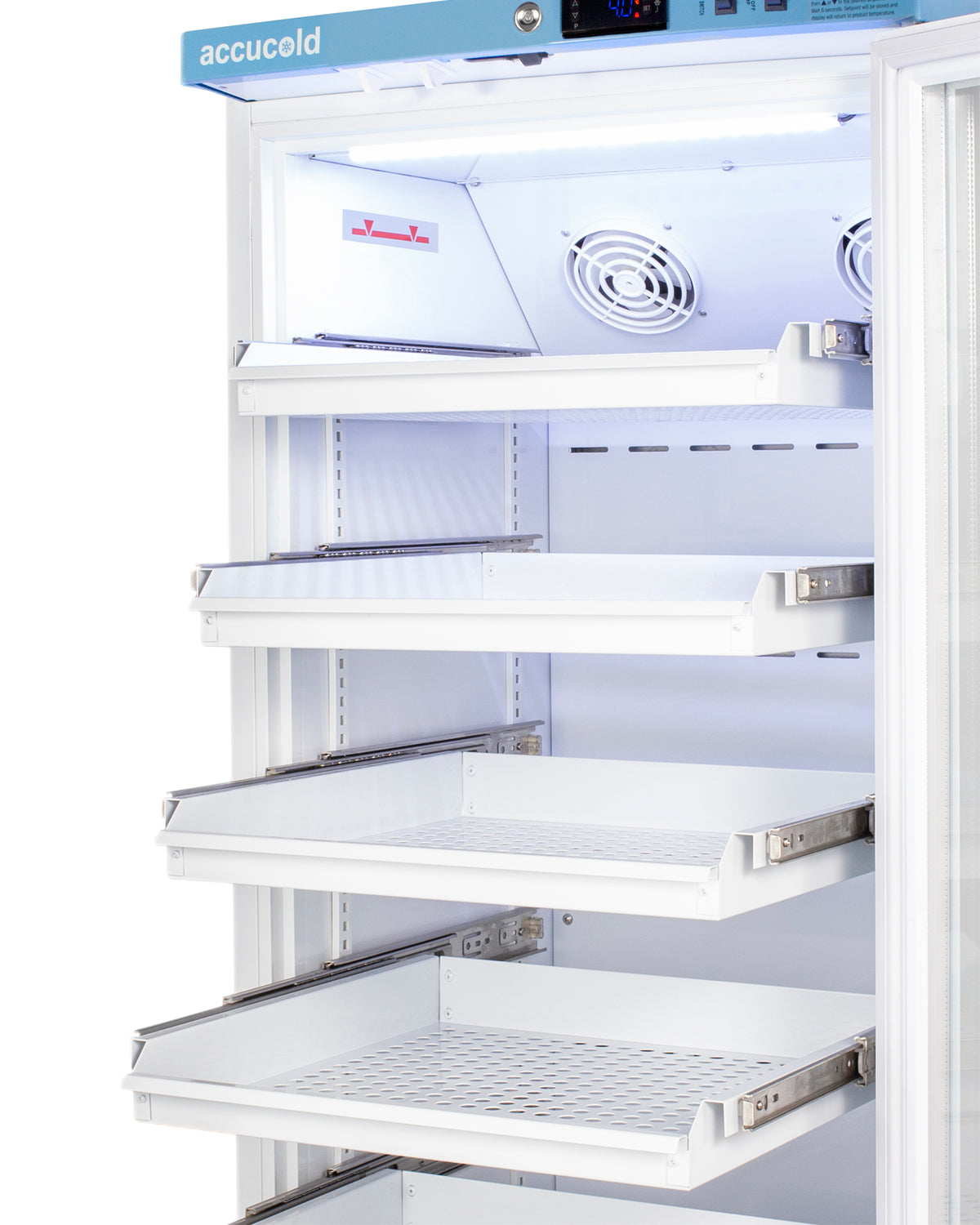 Open white upright refrigerator with multiple perforated removable drawers and visible cooling fans in appliances collection