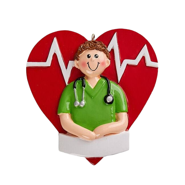Male nurse figurine in green scrubs with stethoscope in front of red heart with heartbeat line from Christmas collection under $50