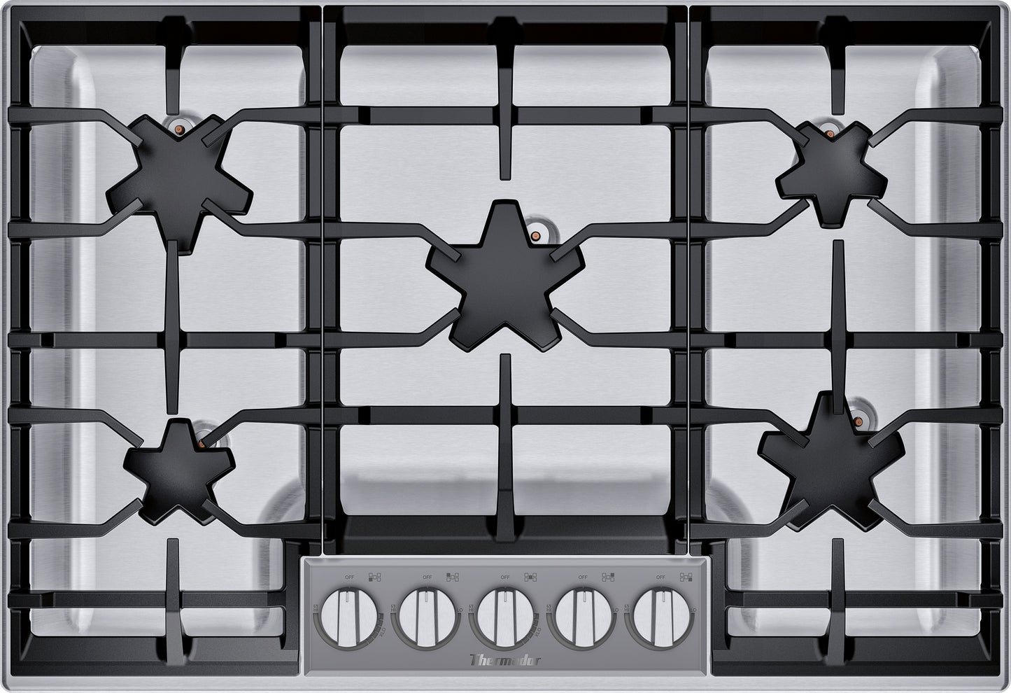 Stainless steel 30-inch gas cooktop with five burners and front control knobs in kitchen appliances collection