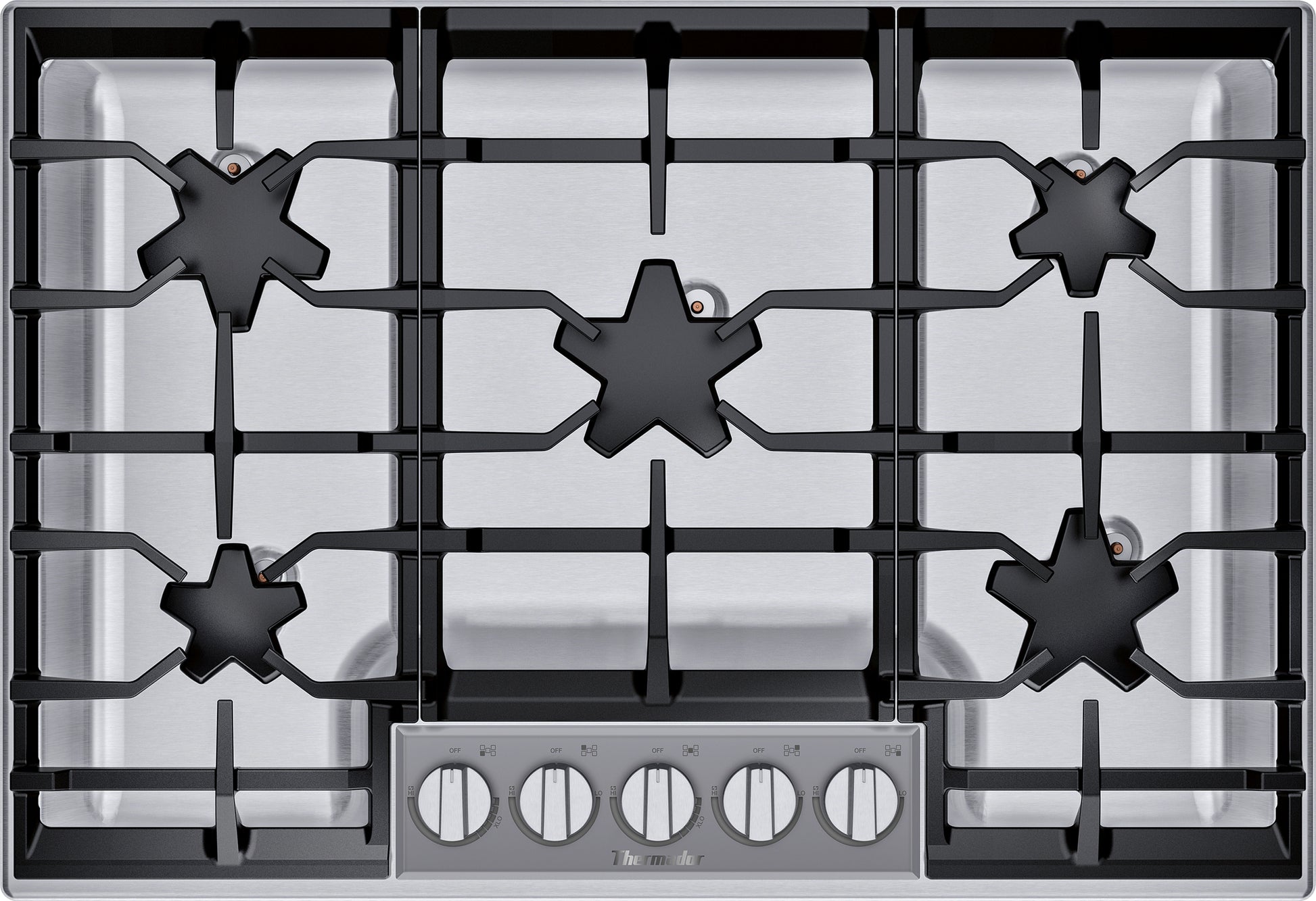 Stainless steel 30-inch gas cooktop with five burners and front control knobs in kitchen appliances collection