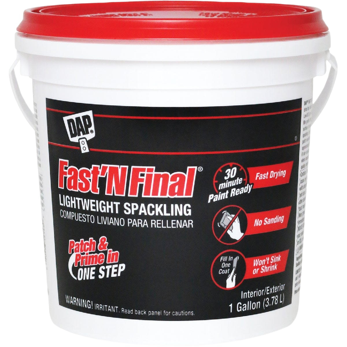 White lightweight latex spackling container for patching and priming in one step, ideal for home improvement use