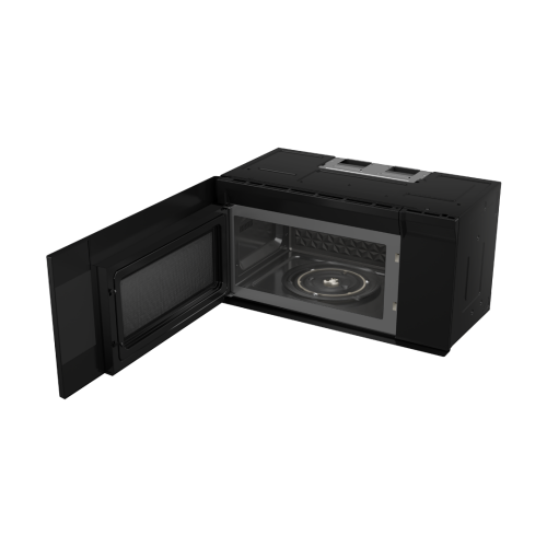 Black smart over-the-range microwave oven with open door and diamond-patterned interior from Kitchen & Kitchenware collection