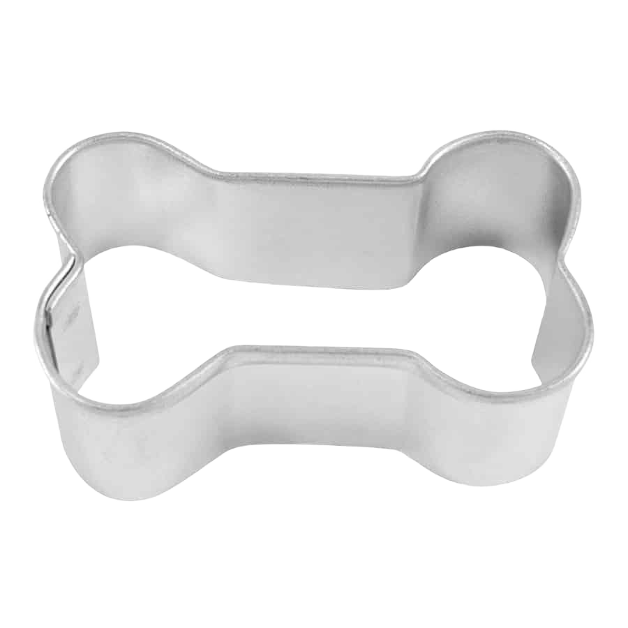 Mini stainless steel cookie cutter shaped like a dog bone for baking and crafting projects