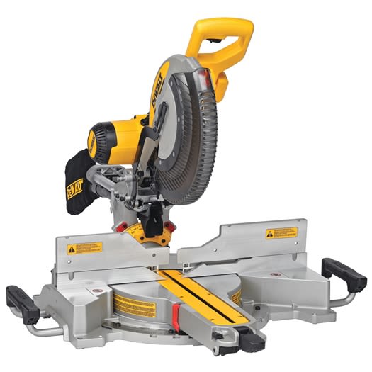 Yellow and gray sliding compound miter saw with double bevel for precision cutting in power tools and home improvement.