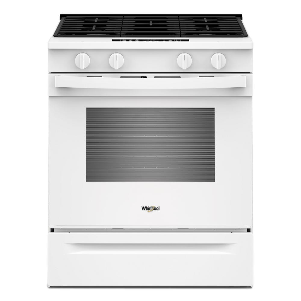 Front view of a white 30-inch gas smart range featuring four control knobs and a large oven window, included in ranges, gas ranges, kitchen & kitchenware, appliances, and home improvement collections.