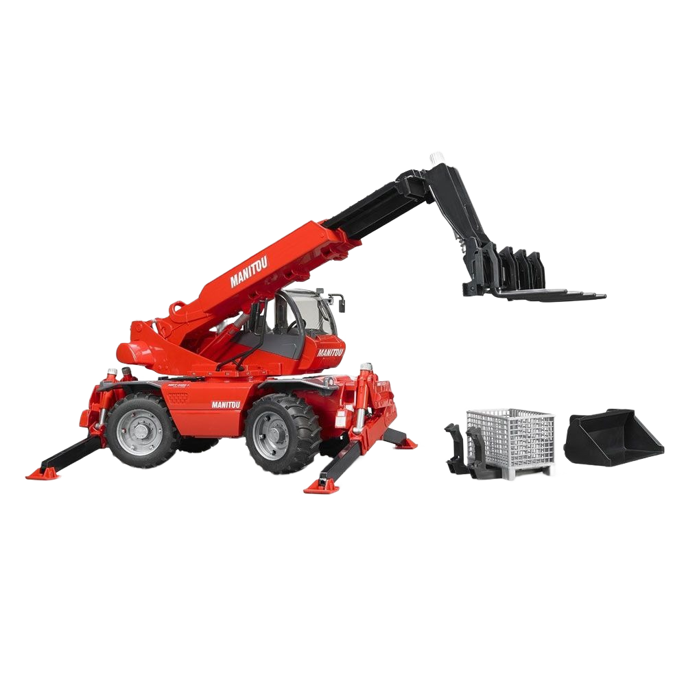 Red toy telehandler with extendable arm, forklift attachment, and removable construction accessories for imaginative play