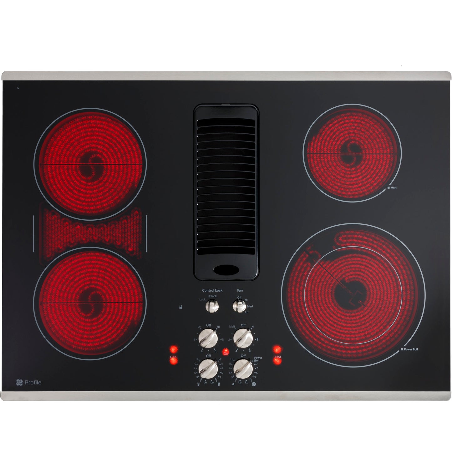 Black downdraft electric cooktop with four heating zones, control knobs, and center vent from Cooktops and Appliances collections