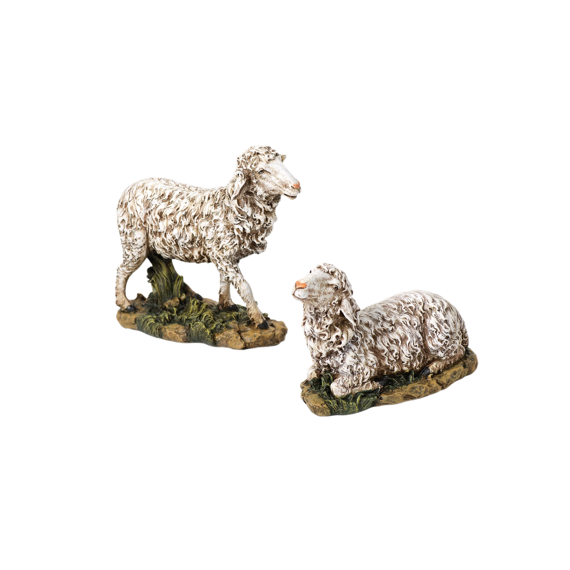 Two detailed sheep figurines, one standing and one resting, designed for Christmas Nativity Scenes collection.
