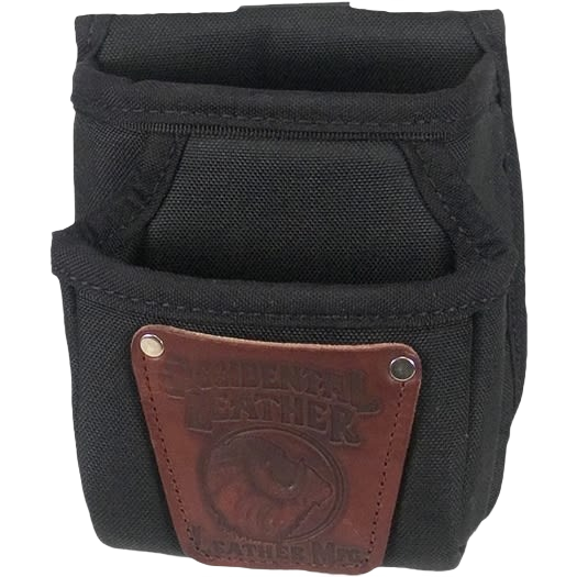Black double-compartment tool pouch with leather patch for workshop organization and woodworking tools collections
