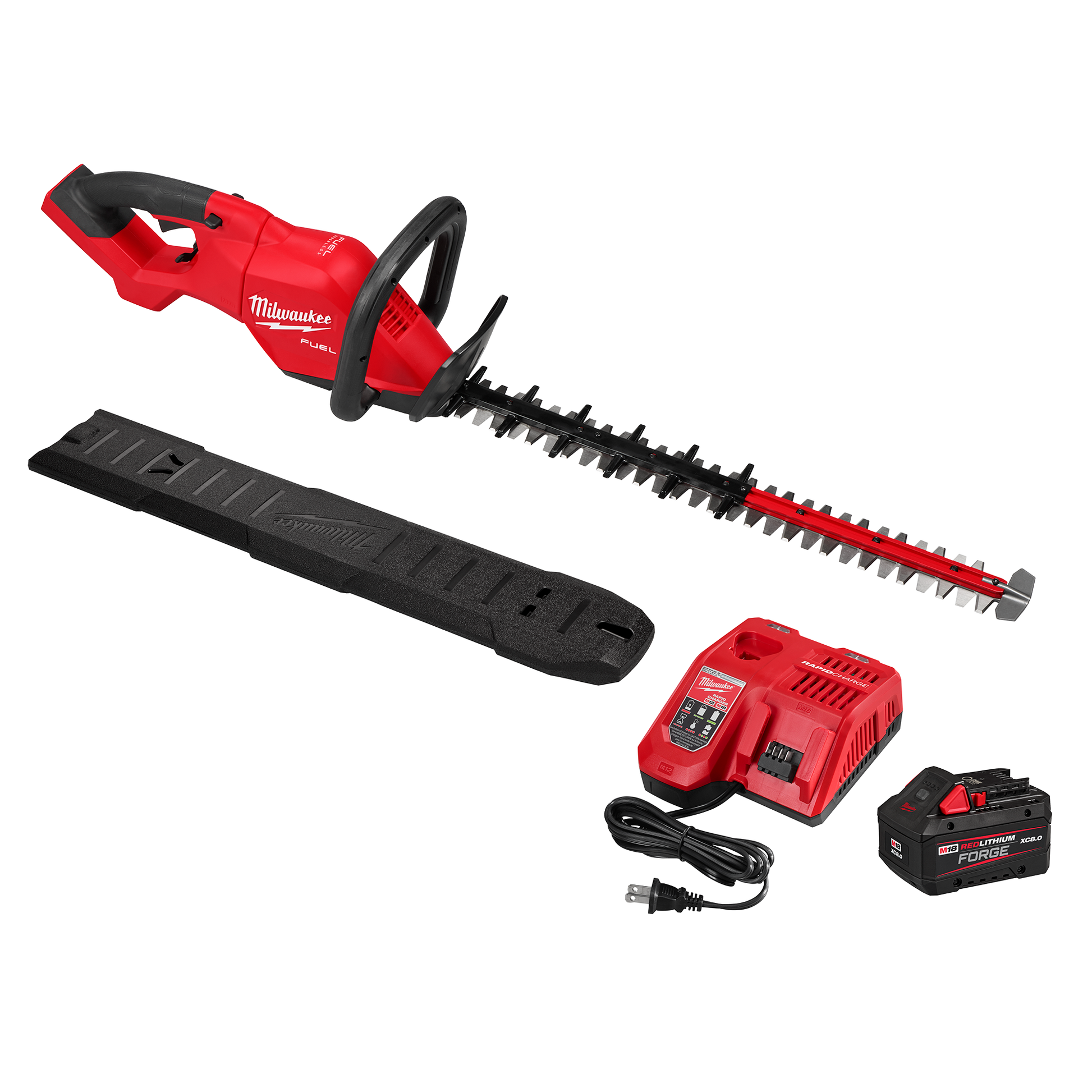 Red cordless hedge trimmer with black handle, battery pack, charger, and blade cover for home improvement use