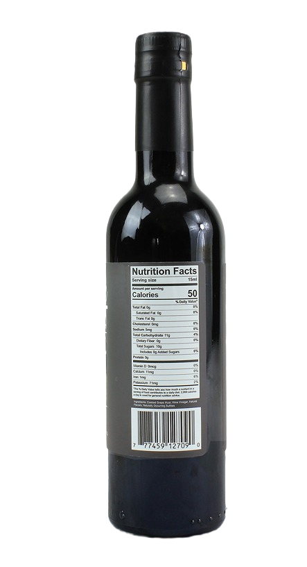 Back view of dark glass bottle showing nutrition facts label for Hartville Cucina balsamic vinegar under $50 collection