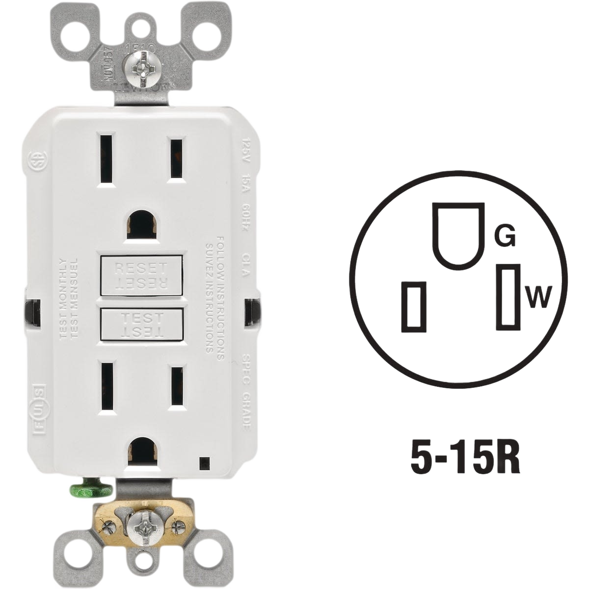 White rounded GFCI outlet with self-test buttons and 5-15R configuration for home improvement use