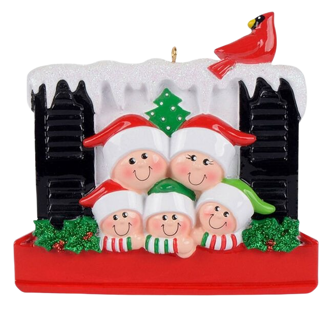 Cheerful family of five figurines in festive hats framed by snowy window with holly and cardinal for Christmas decorations