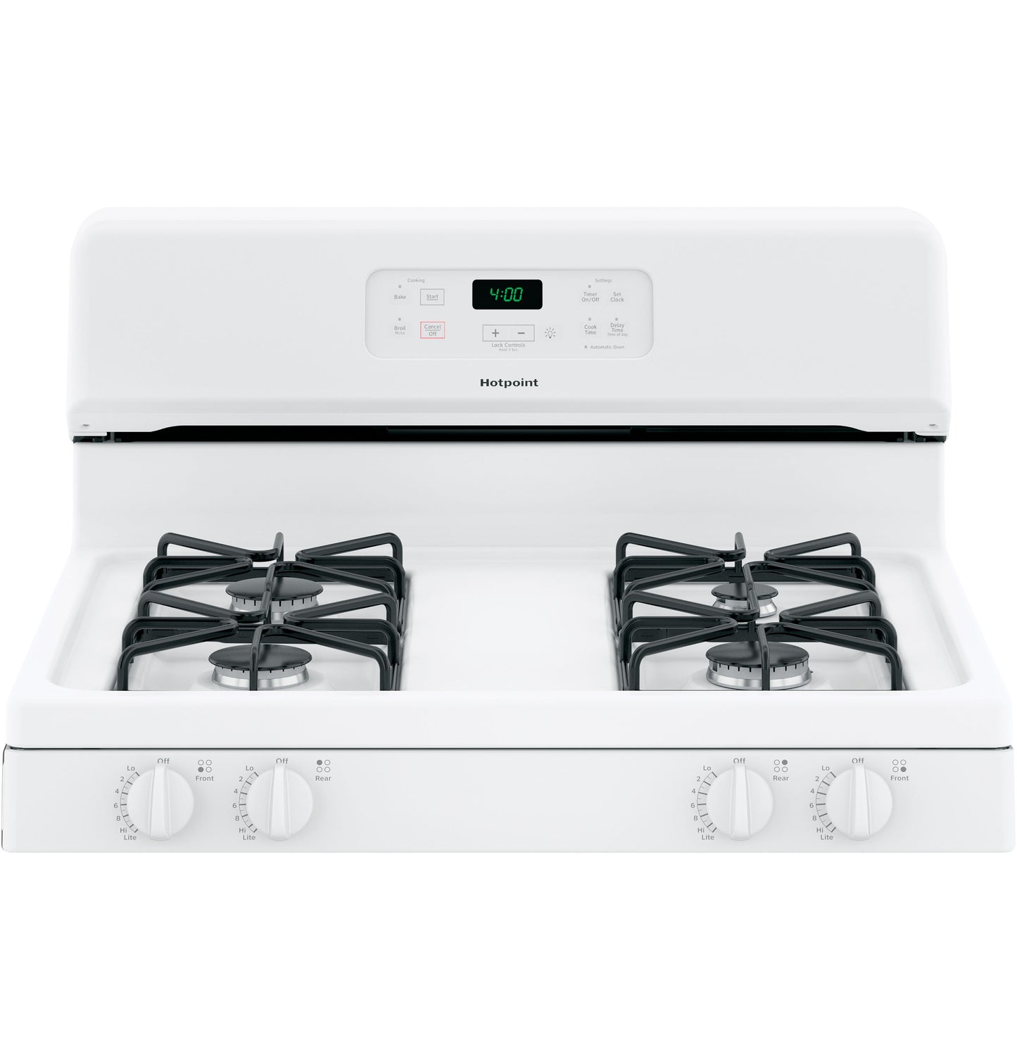White free-standing gas range with four burners and digital timer from ranges and kitchen appliances collections