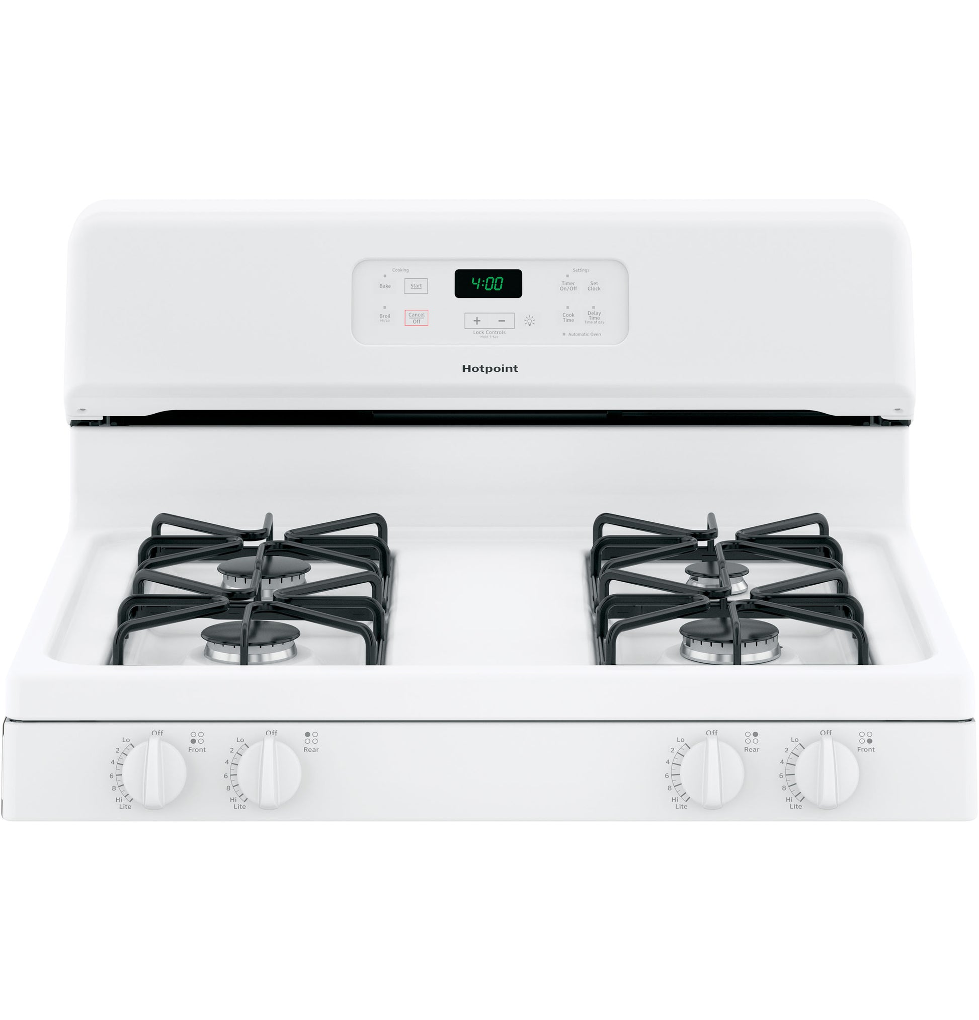 White free-standing gas range with four burners and digital timer from ranges and kitchen appliances collections