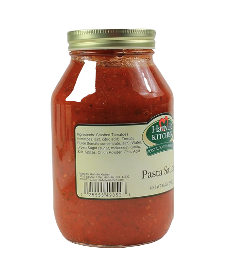 Jar of Hartville Kitchen pasta sauce with green and cream label displaying ingredients and nutrition information