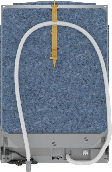 Back view of built-in dishwasher with insulation panel and attached white drainage hose, from Bosch Appliances collection
