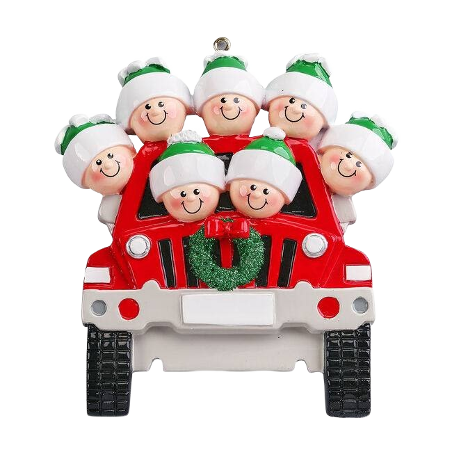 Red SUV ornament with seven smiling family faces wearing green and white hats for Christmas tree decor under $50 collection