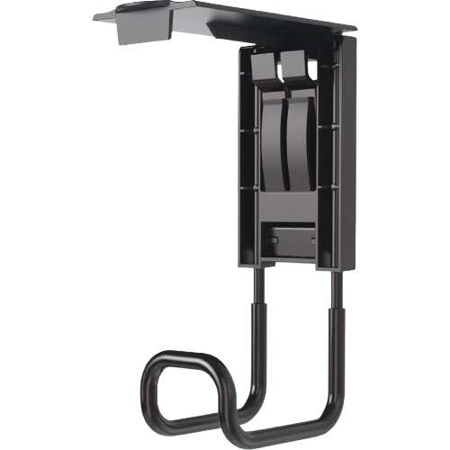Black open magnetic hook with dual prongs for hanging tools and equipment in hardware and storage collections