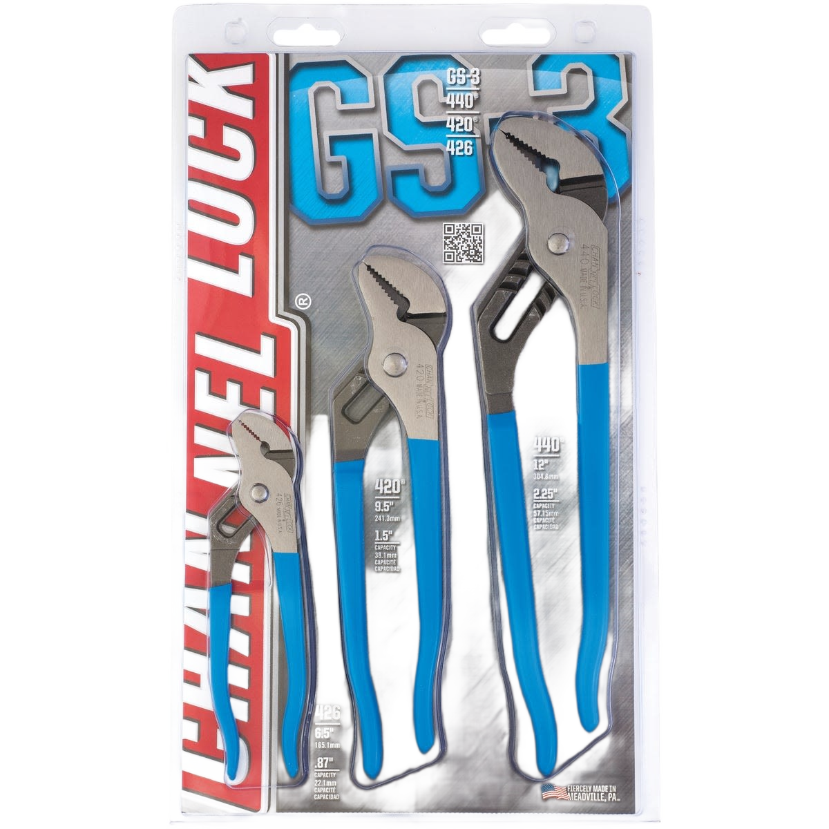Three-piece Channellock plier set with blue handles and ergonomic grips for tools and home improvement use