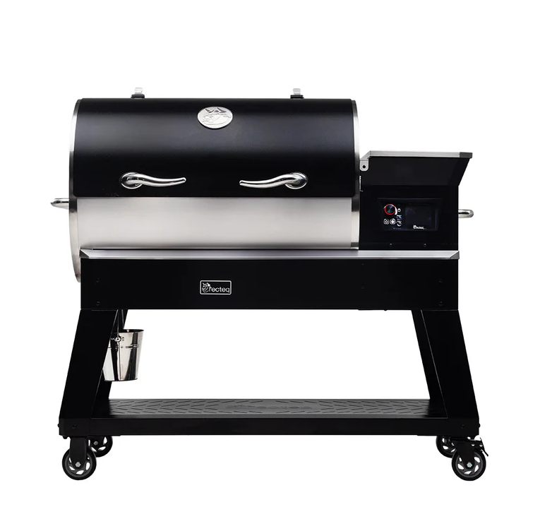 Heavy-duty pellet grill in black and stainless steel with digital controls, sturdy legs on wheels, suitable for outdoor cooking and grilling enthusiasts.