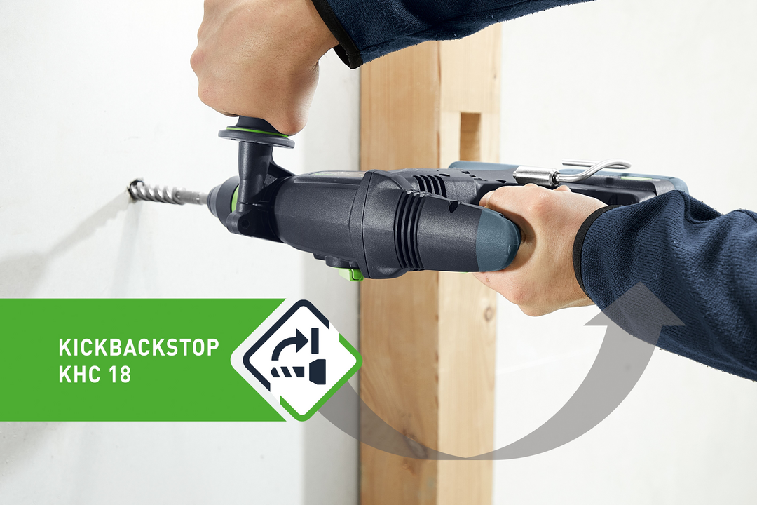 Cordless rotary hammer drill with kickback stop drilling into wall for woodworking and power tool use