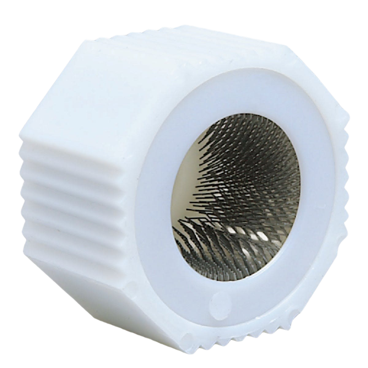 Tube fitting brush with white plastic handle and metal bristles for cleaning pipes in home improvement projects