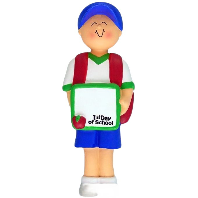 Boy figurine in blue cap and red backpack holding a sign that says 1st Day of School from Christmas Ornaments collection