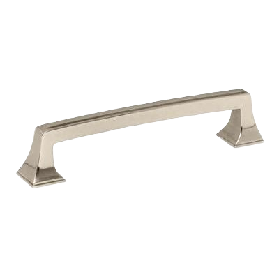 Polished nickel cabinet pull handle with a sleek, slightly curved design for home improvement projects