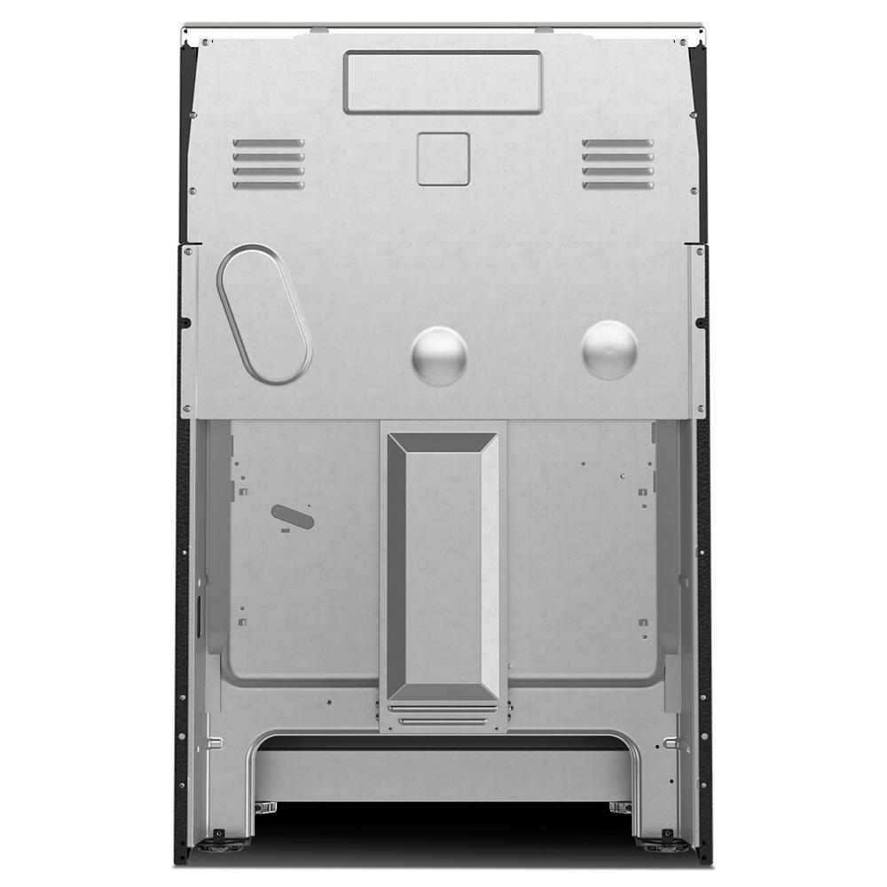 Back panel view of a 30-inch wide electric range with steam clean feature showcasing metal construction for kitchen appliances.